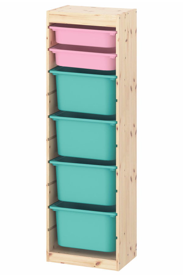 Стеллаж вертикальный 440х300х1420 ТРУФАСТ б/п сосна,контейнеры:розовый (2С)/бирюз.(4Б) Profi&Hobby