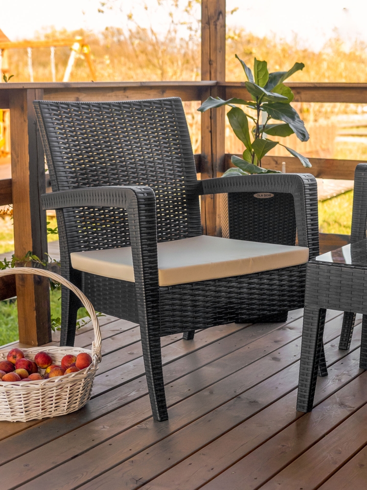 Комплект садовый RATTAN Ola Dom 2 кресла + диван + столик квадратный, антрацит
